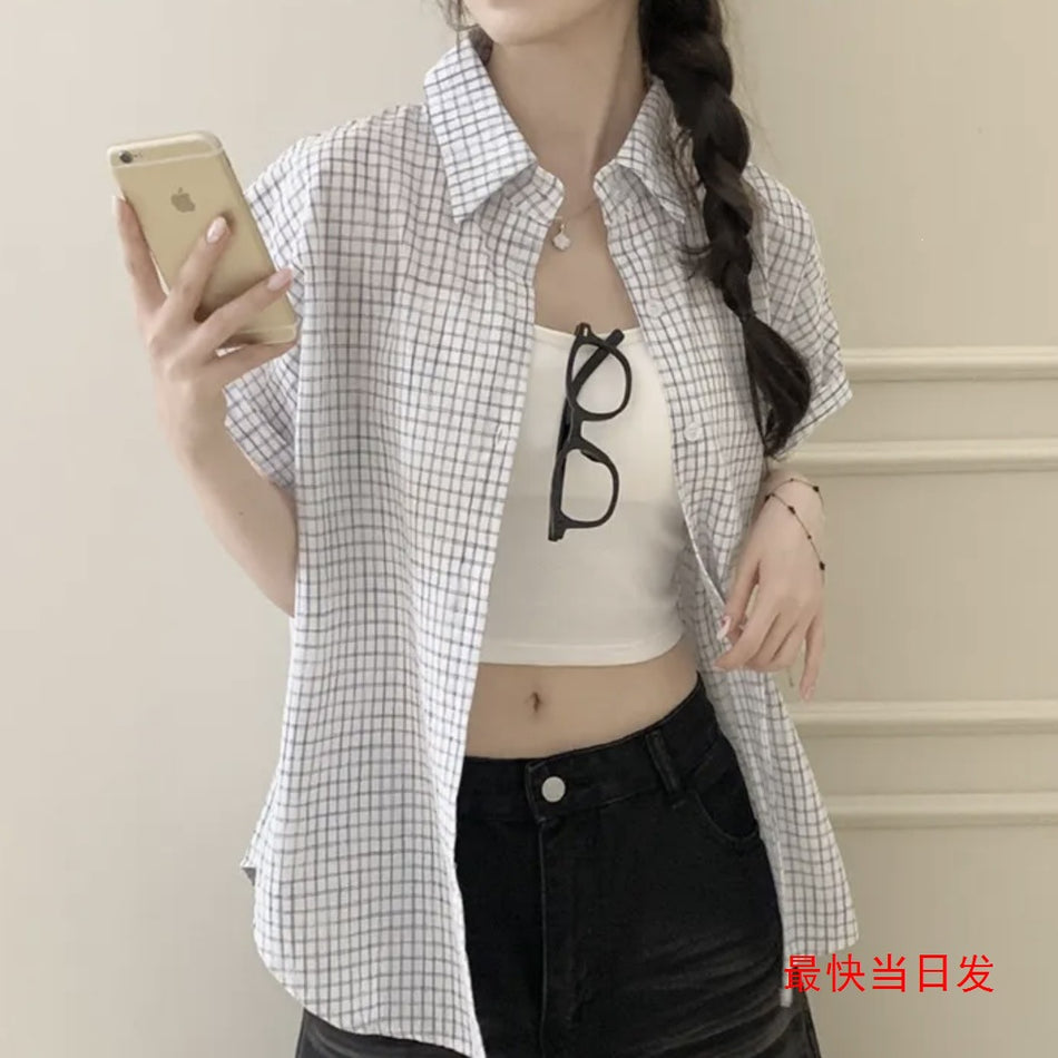 STOCK - Women's Korean Retro Plaid Lapel Shirt