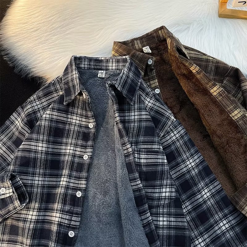 Men’s Autumn Winter Hong Kong Plaid Fleece Shirt