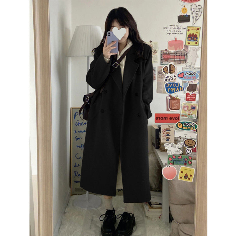 Black Preppy Mid-Length Woolen Coat Women