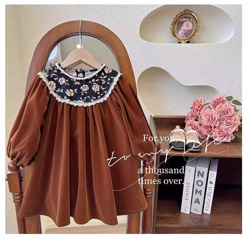 Girls Velvet Floral Hepburn Dress Long Sleeve Vintage – Kids Fashion Nepal | Tudoholic