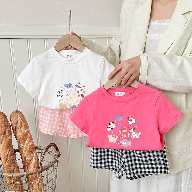 Girls’ Summer 2-Piece Set – Printed Top & Plaid Shorts