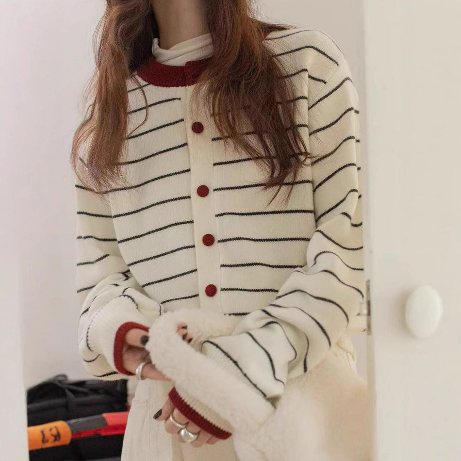 INSTOCK-Korean Striped Lazy Knit Cardigan