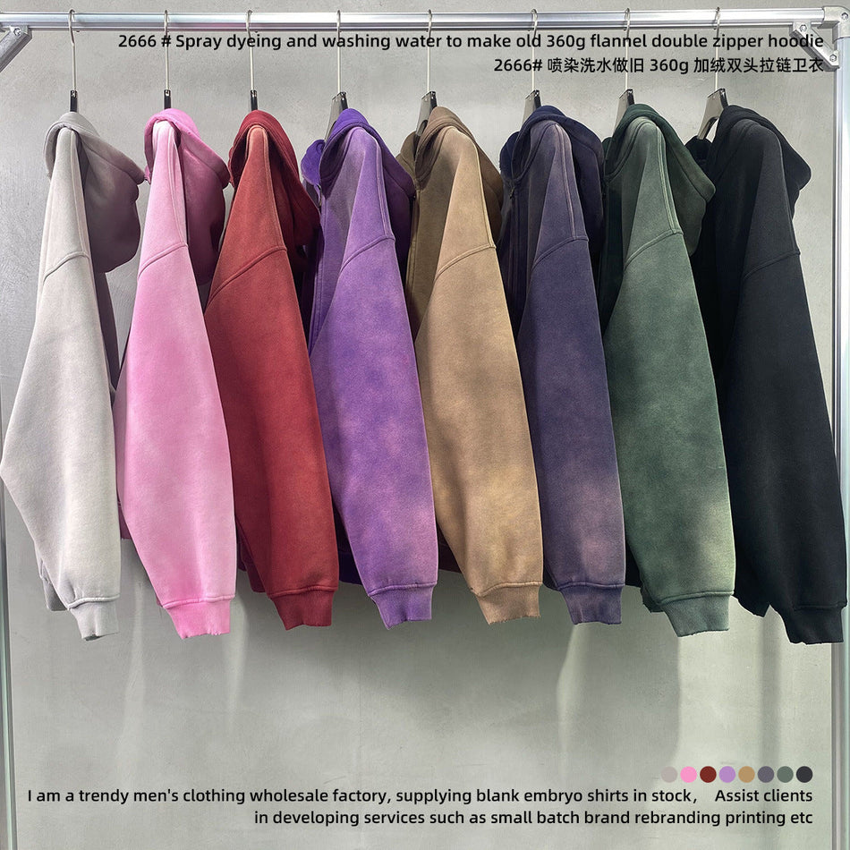 2026 Men’s Retro Spray-Dyed Fleece-Lined Zipper Hoodie