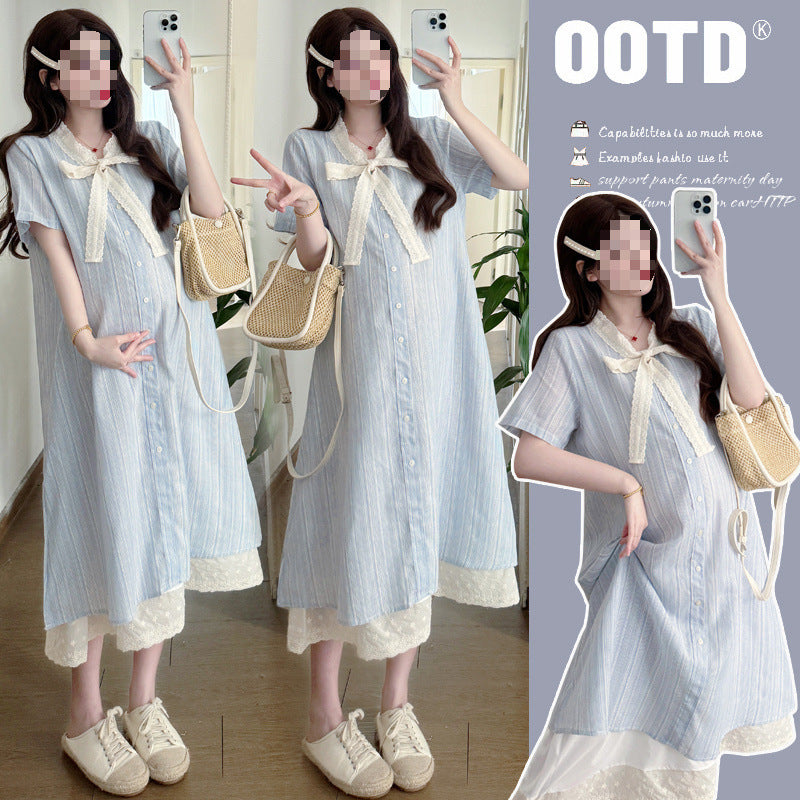 Maternity Lace Bow Fake Two-Piece Dress