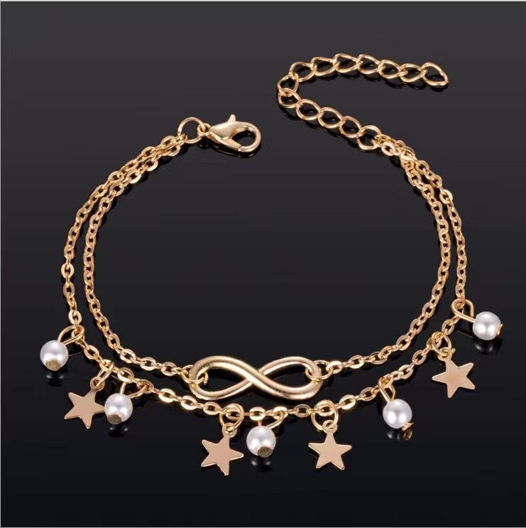 Bohemian Double-Layer Star Pearl Tassel Anklet