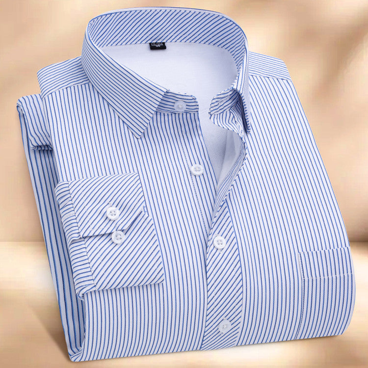 Men's Fleece-Lined Thick Striped Cotton Business Shirt