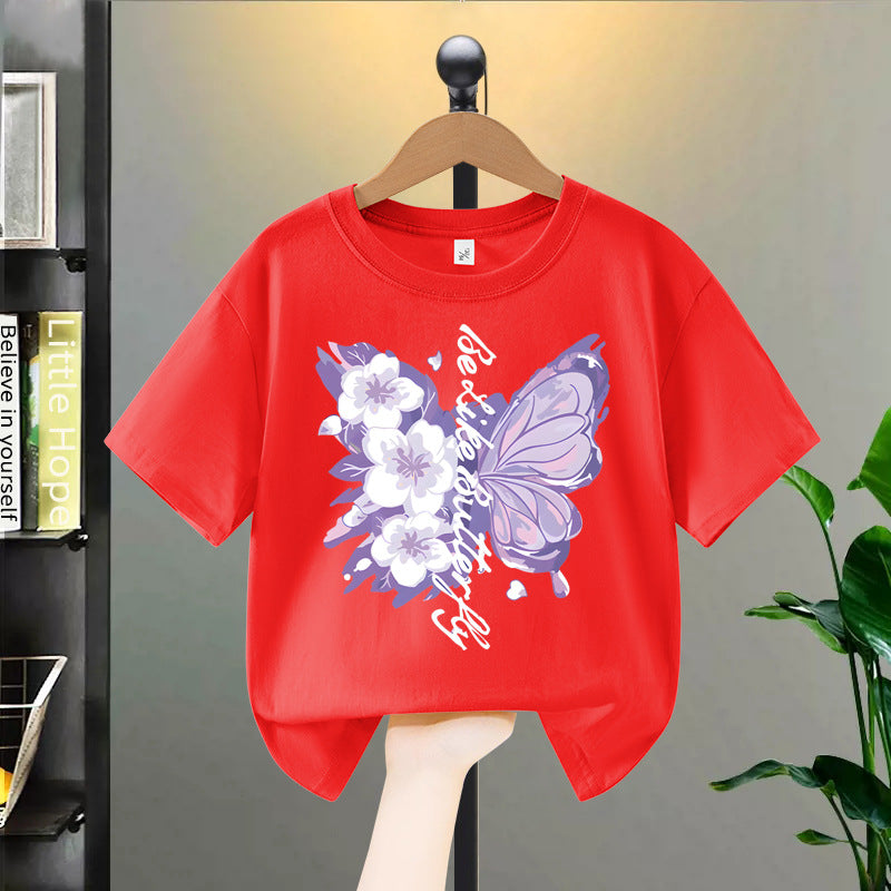 Girls Summer Butterfly Print Cotton Short Sleeve T-Shirt