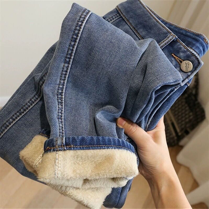 Plush Thickened Wide-Leg Jeans