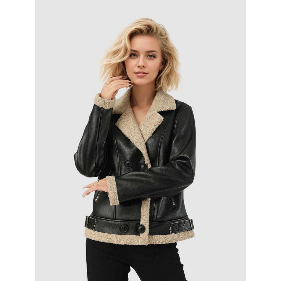 Fleece-Lined Turn-Down Collar Leather Jacket