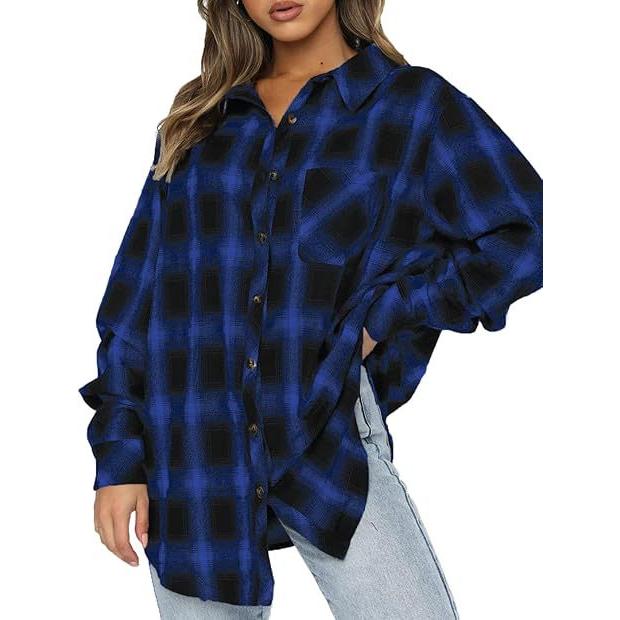 Cross Border Women's Buckle Flannel Plaid Long Sleeve Shirt