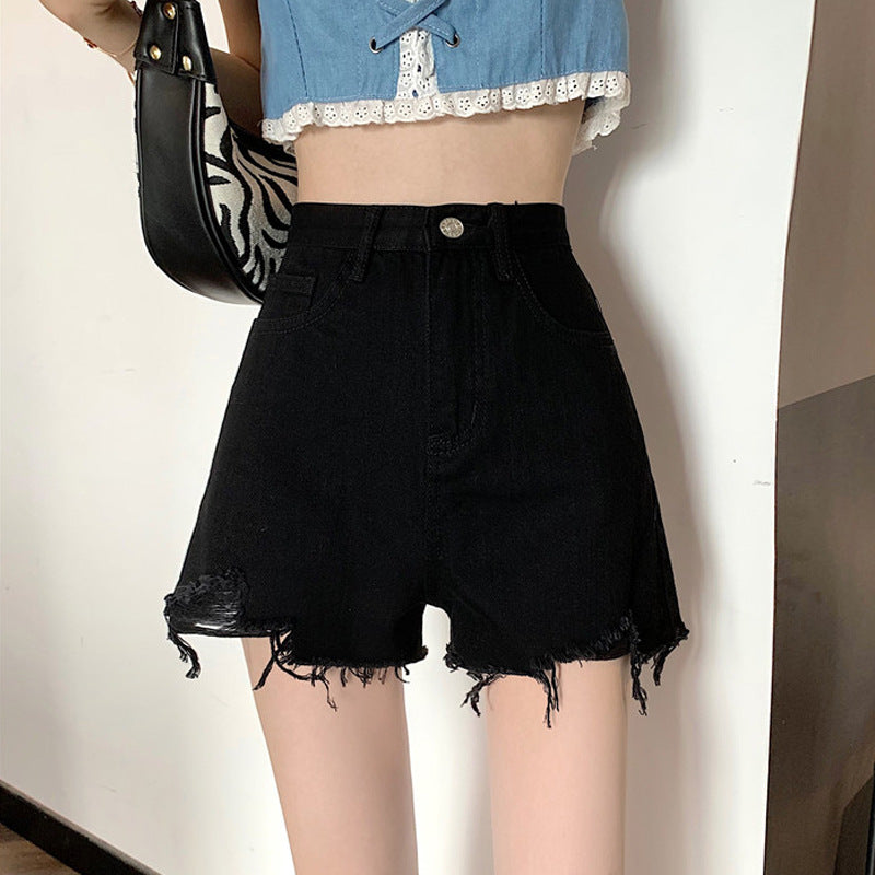 Black High-Waist Ripped Korean Style Denim Shorts Women Chic