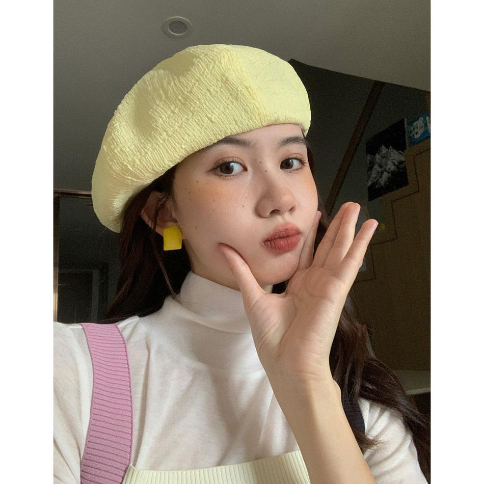 Cream Yellow Kids’ Beret – Pleated Summer Painter Hat