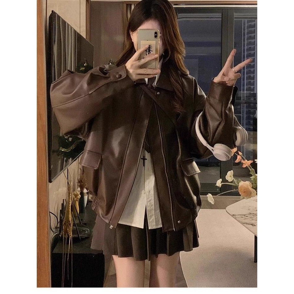 INSTOCK-Women's Short Leather Jacket Chic Autumn Coat