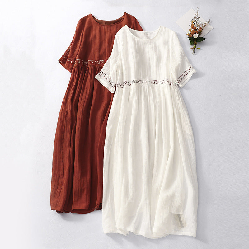 Ramie Embroidered Plus Size Retro Summer Dress