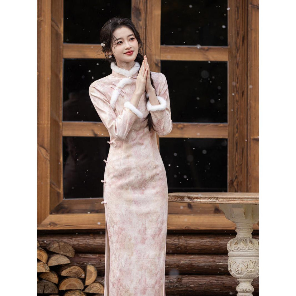 Jinian Satin Cheongsam Fur Collar Beaded Long Dress