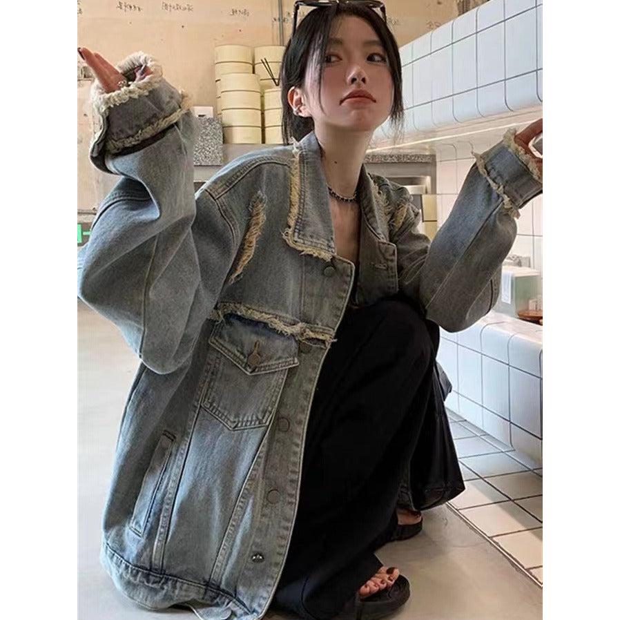 Retro Distressed Denim Jacket for Women
