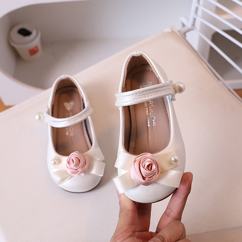 Girls Floral Pearl Leather Princess Performance Dress Shoes