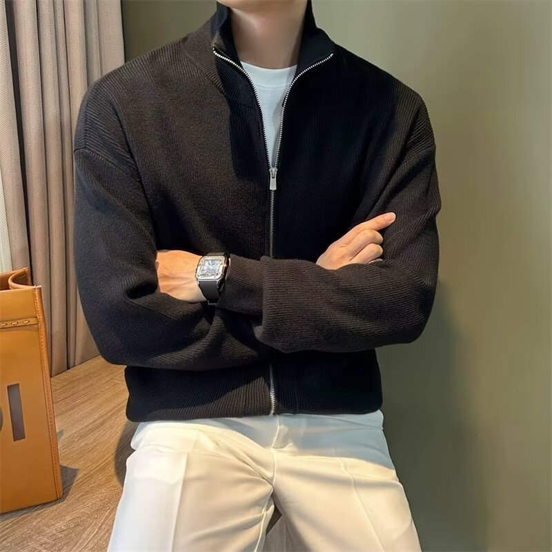 All-Match Solid Color Zipper Cardigan Men's Slim Knit Jacket