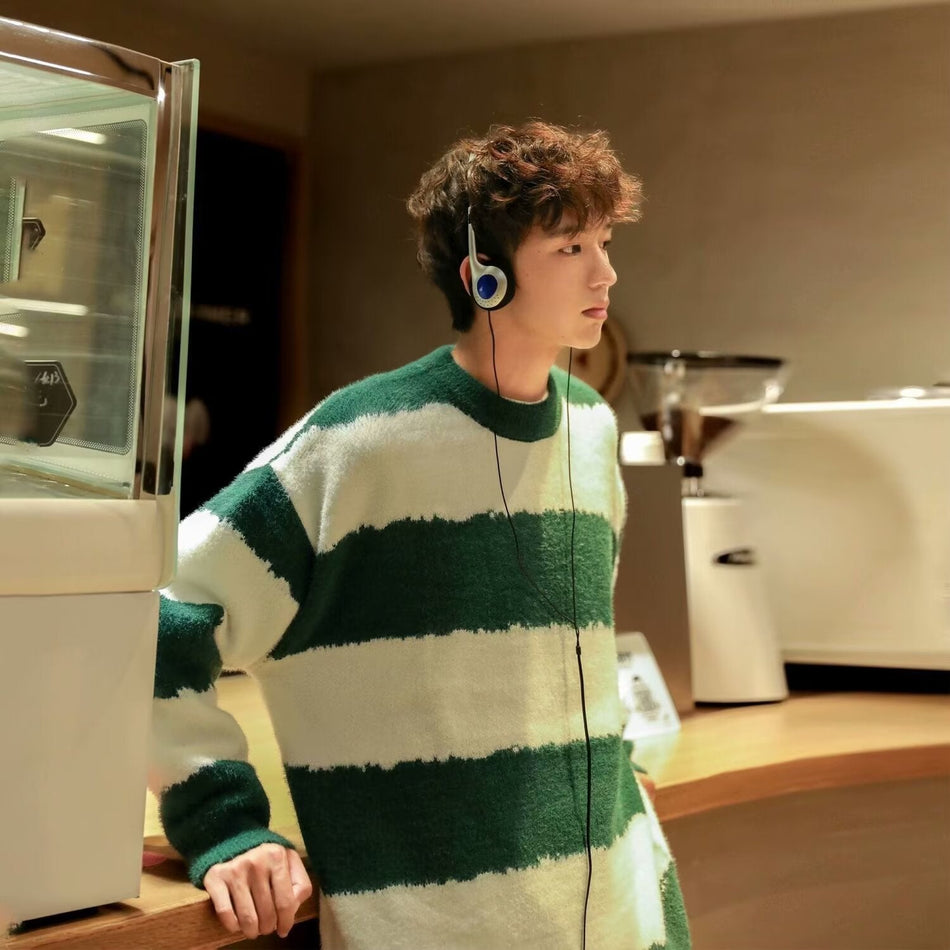 Men’s Loose Striped Round Neck Knit Sweater Autumn Winter