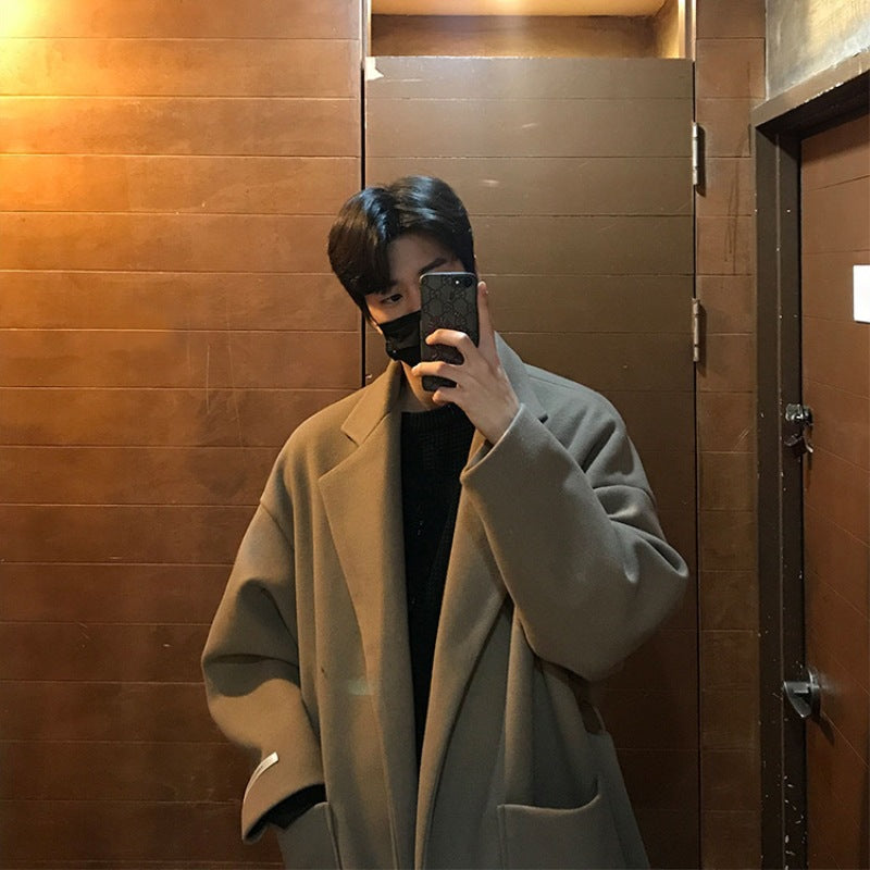 Men’s Long Woolen Over-the-Knee Korean Coat