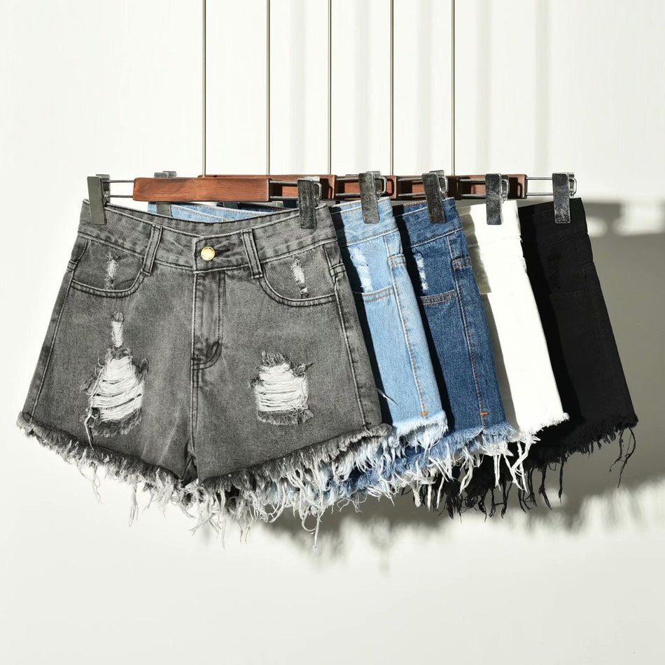 Raw Edge Ripped A-Line Denim Shorts for Women Street Style