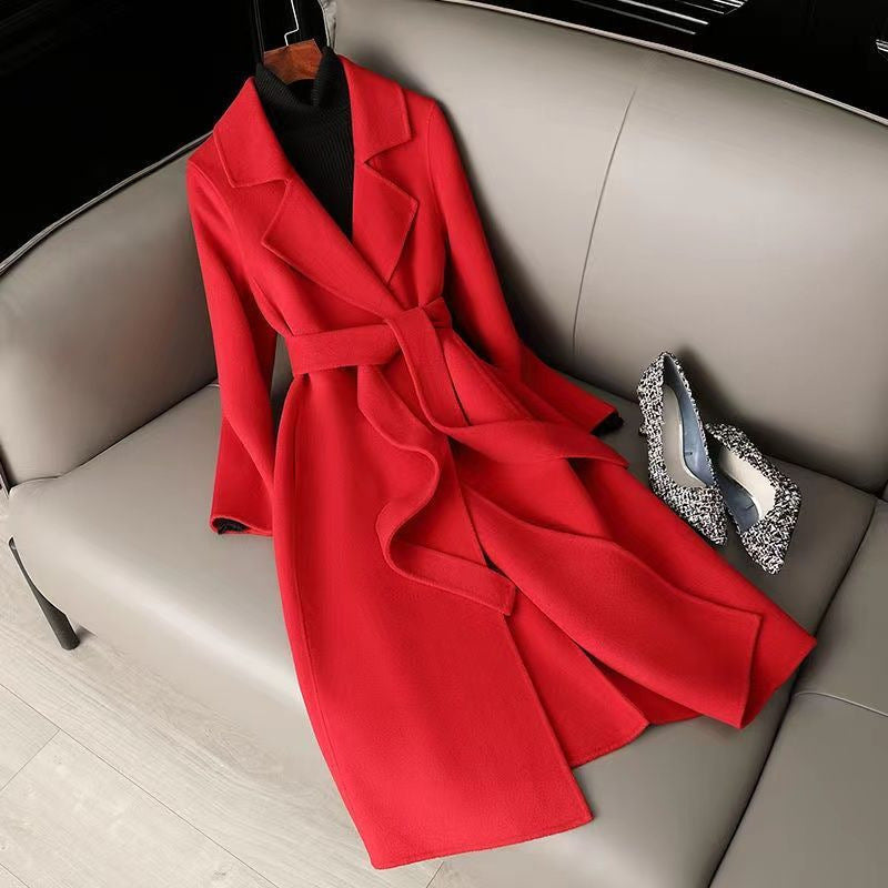 Women’s Woolen Coat Mid-Length Slim Lace-Up Jacket