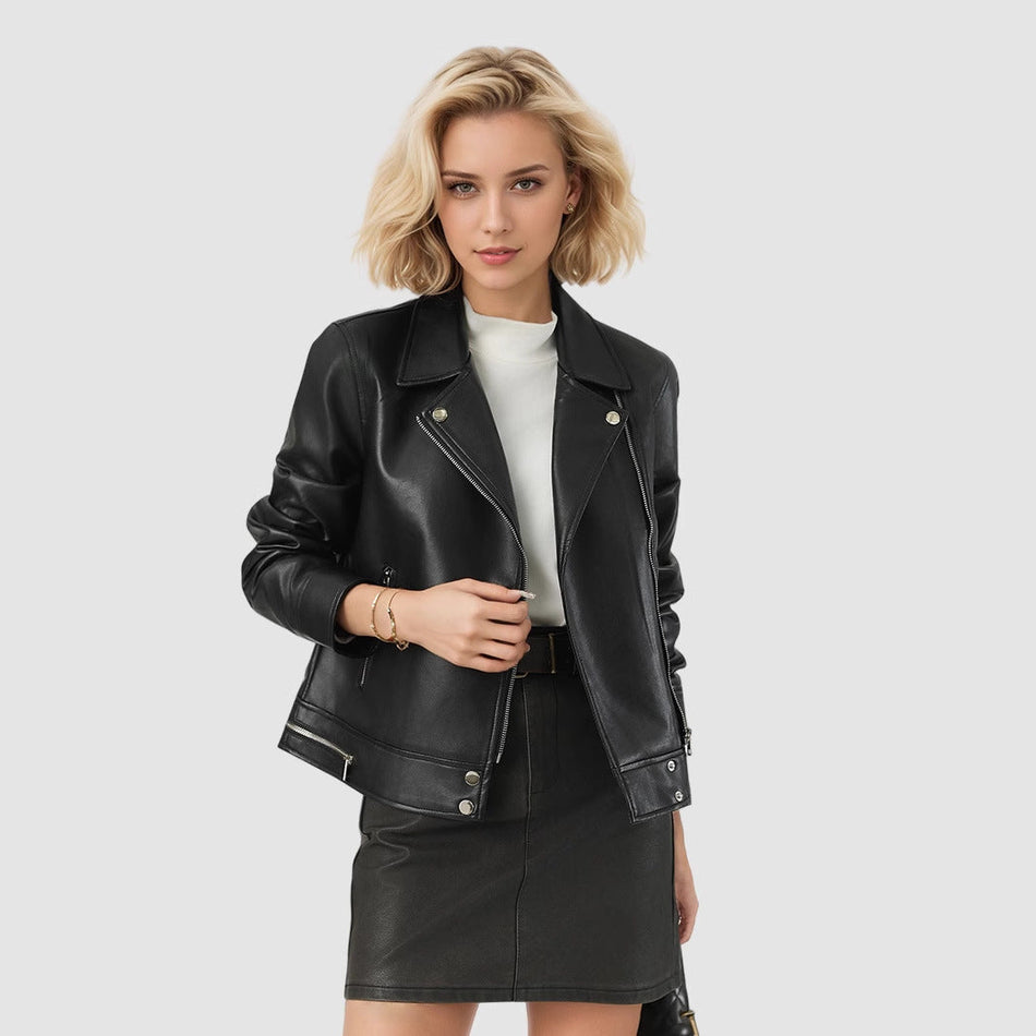STOCK-Women’s 2025 Short Lapel Leather Motorcycle Jacket