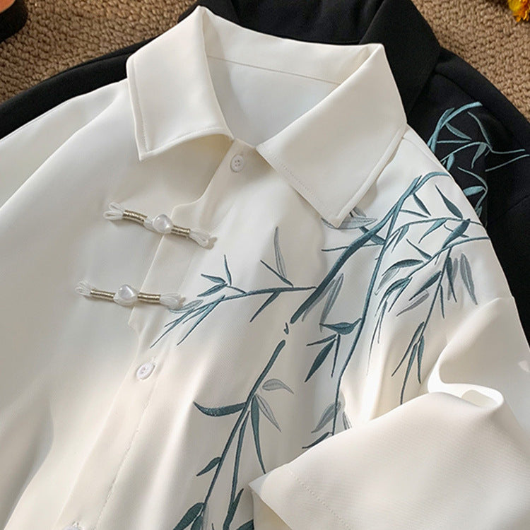 Chinese Ice Silk Buckle Shirtamboo Half Sleeve Shirt