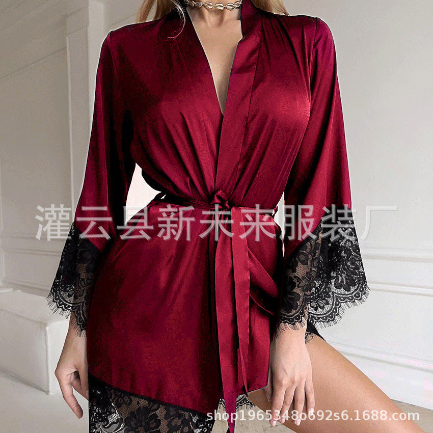 Silk-Look Lace Bathrobe for Women