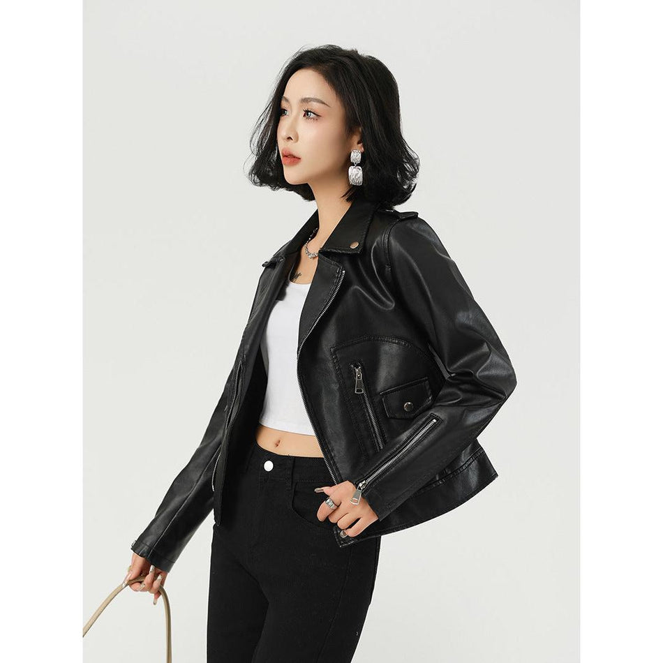 Women’s Short PU Leather Lapel Motorcycle Jacket