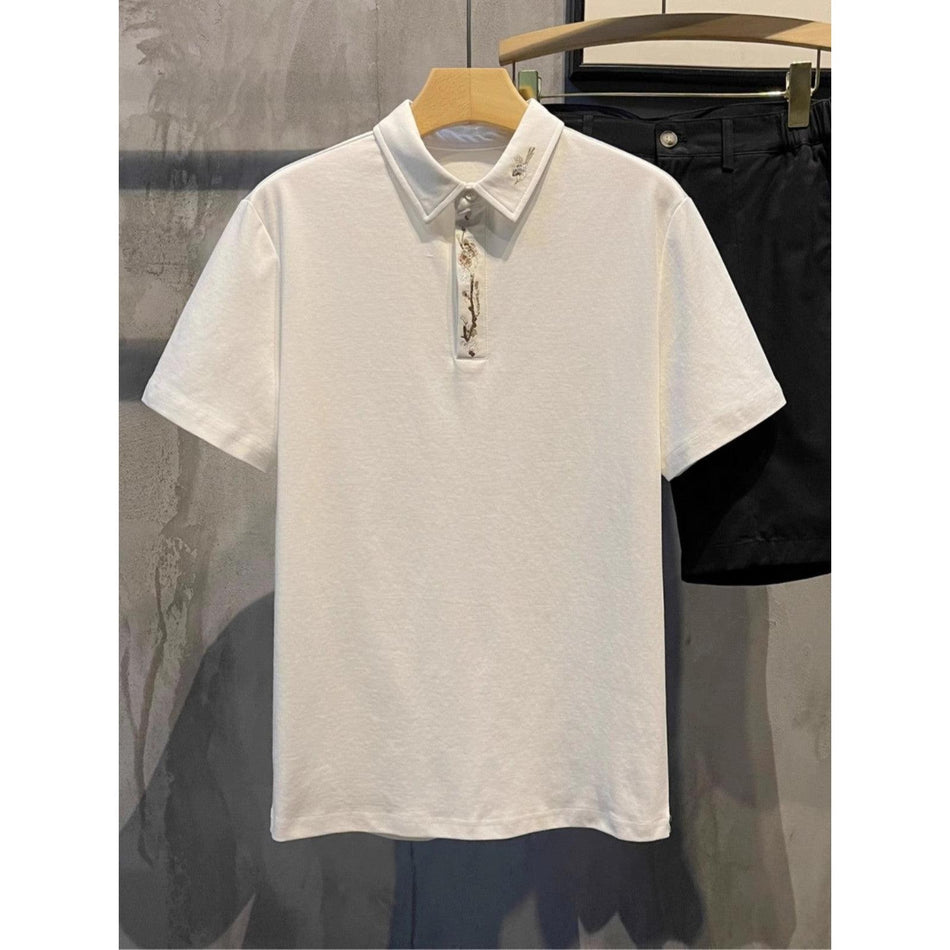 Summer New Men's Short-Sleeved Plum Blossom Lapel Shirt