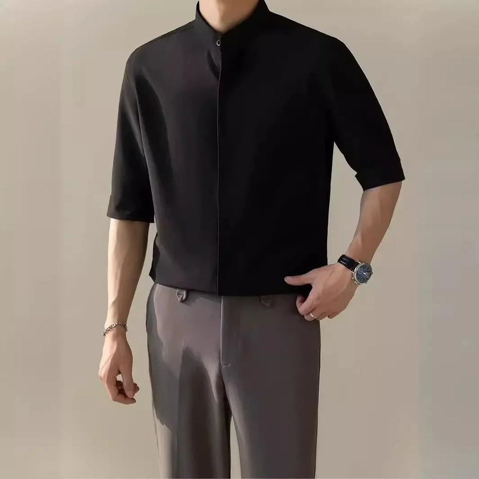 Ice Silk Summer Shirt – Slim Fit, Vertical Collar