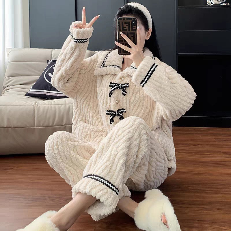 2026 Coral Fleece Pajamas Women Winter Warm Bow Cardigan Set