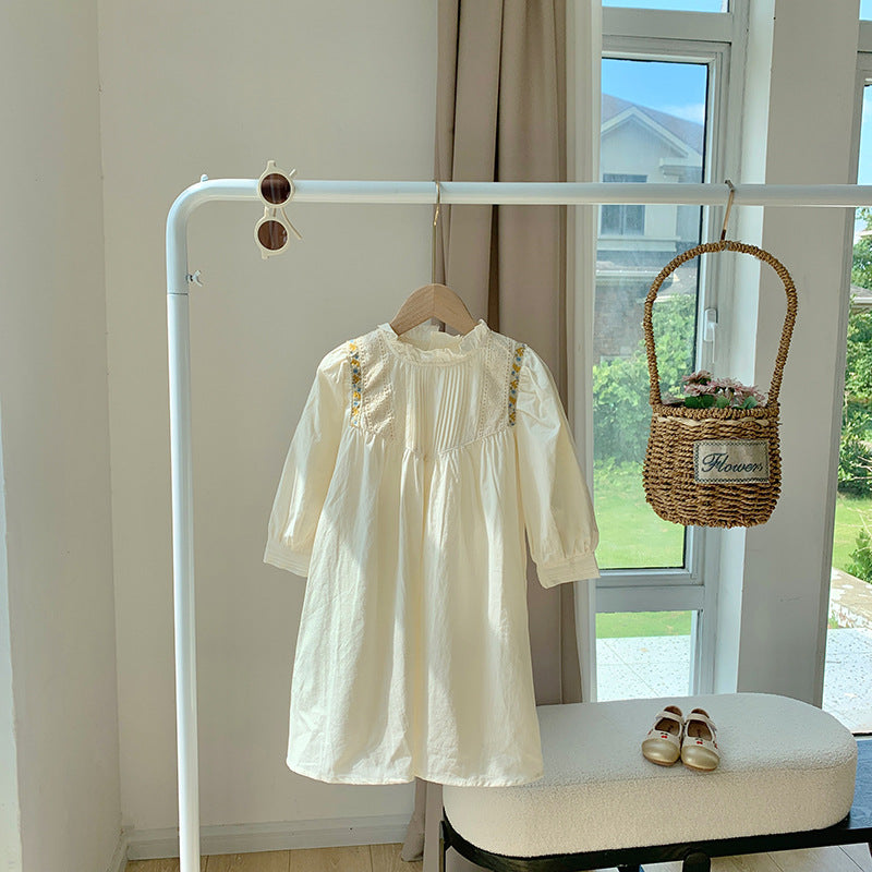 French Pleated Stand Collar Embroidered Girls Dress 2024Lace
