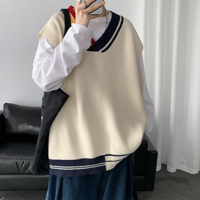 Sleeveless Sweater – Contrast Color College Style Knit Vest