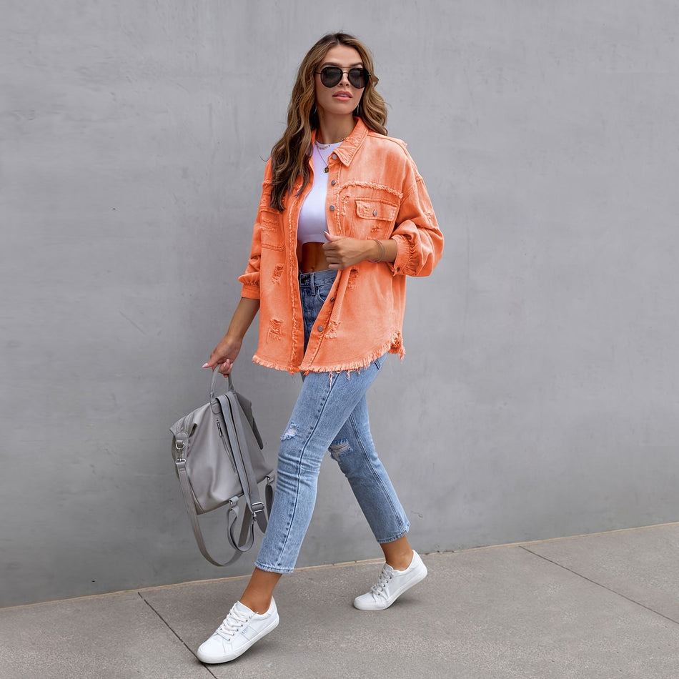 Women European American Ripped Denim Loose Long Sleeve Jacket