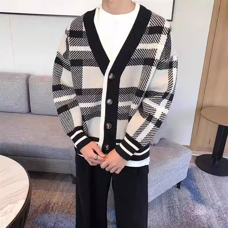 Men’s Retro Plaid Knitted Cardigan Loose Thickened Sweater