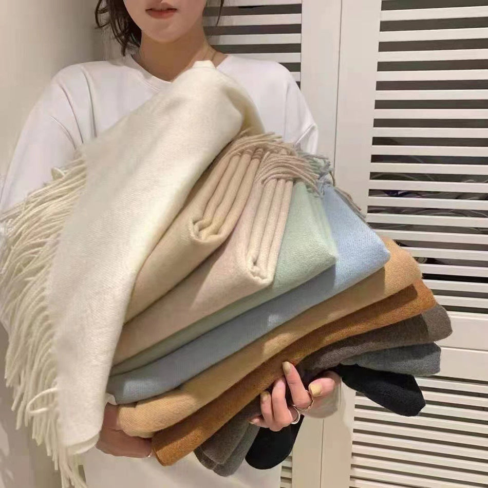 Thickened Pure Wool Feel Korean Style Tassel Shawl Wear Warm
