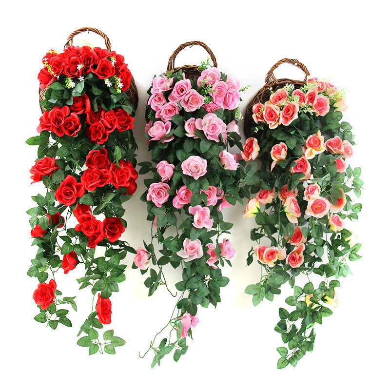 Artificial Rose Vine with Hanging Basket – Faux Decorat