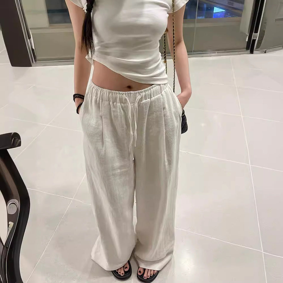 White Cotton-Linen Loose Wide-Leg Pants