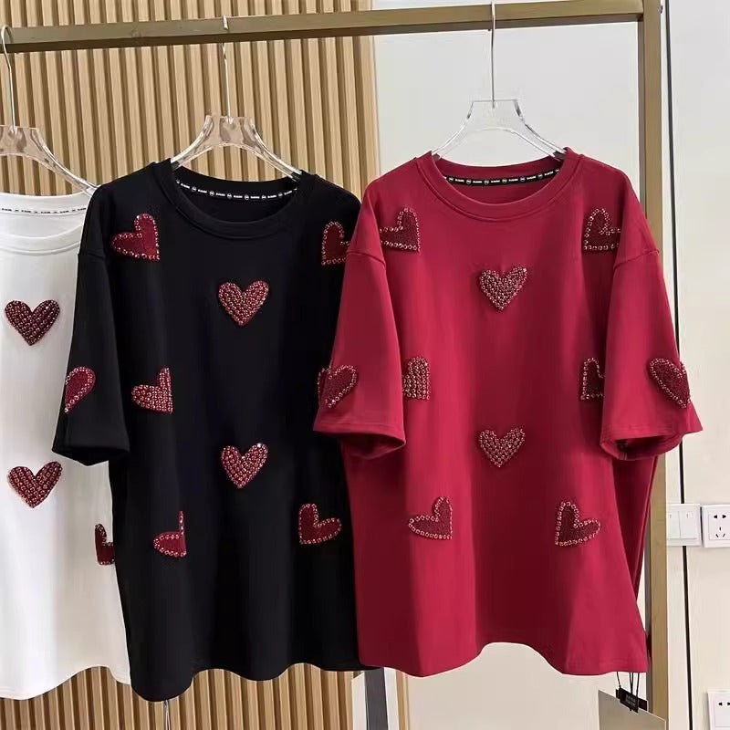 Embroidered Heart Towel Cotton T-Shirt
