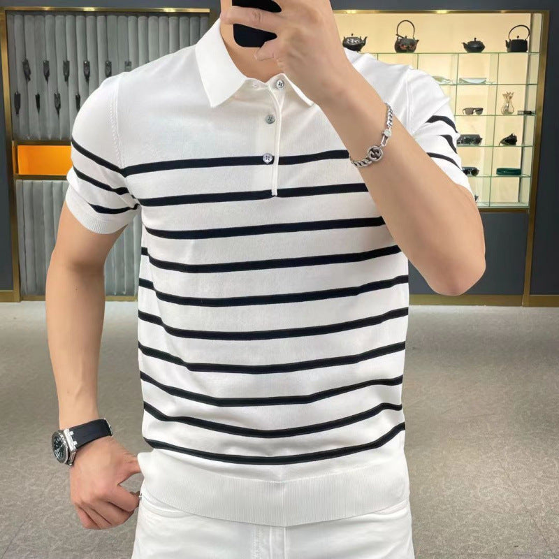 Summer Men's High-End Slim Striped Lapel Half-Sleeve Shirt