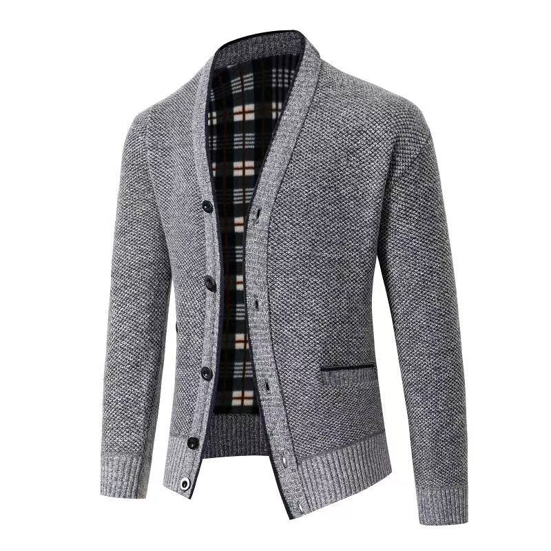 Knitted Cardigan Men's Velvet Thickened V Neck Slim Jacket