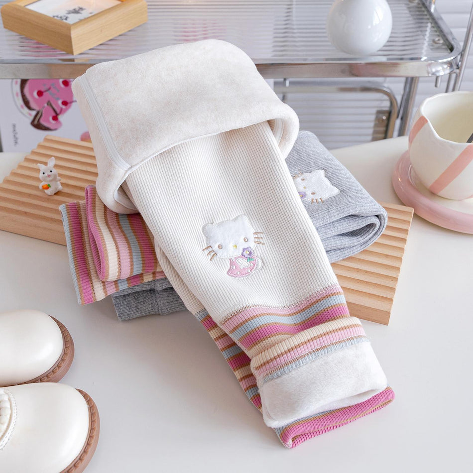 Girls’ Velvet Striped Leggings – Autumn & Winter Warm Pants