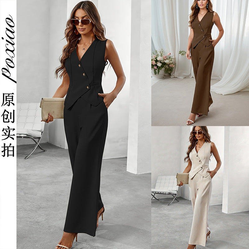 Women’s V-Neck Sleeveless High-Waist Pants Suit Set