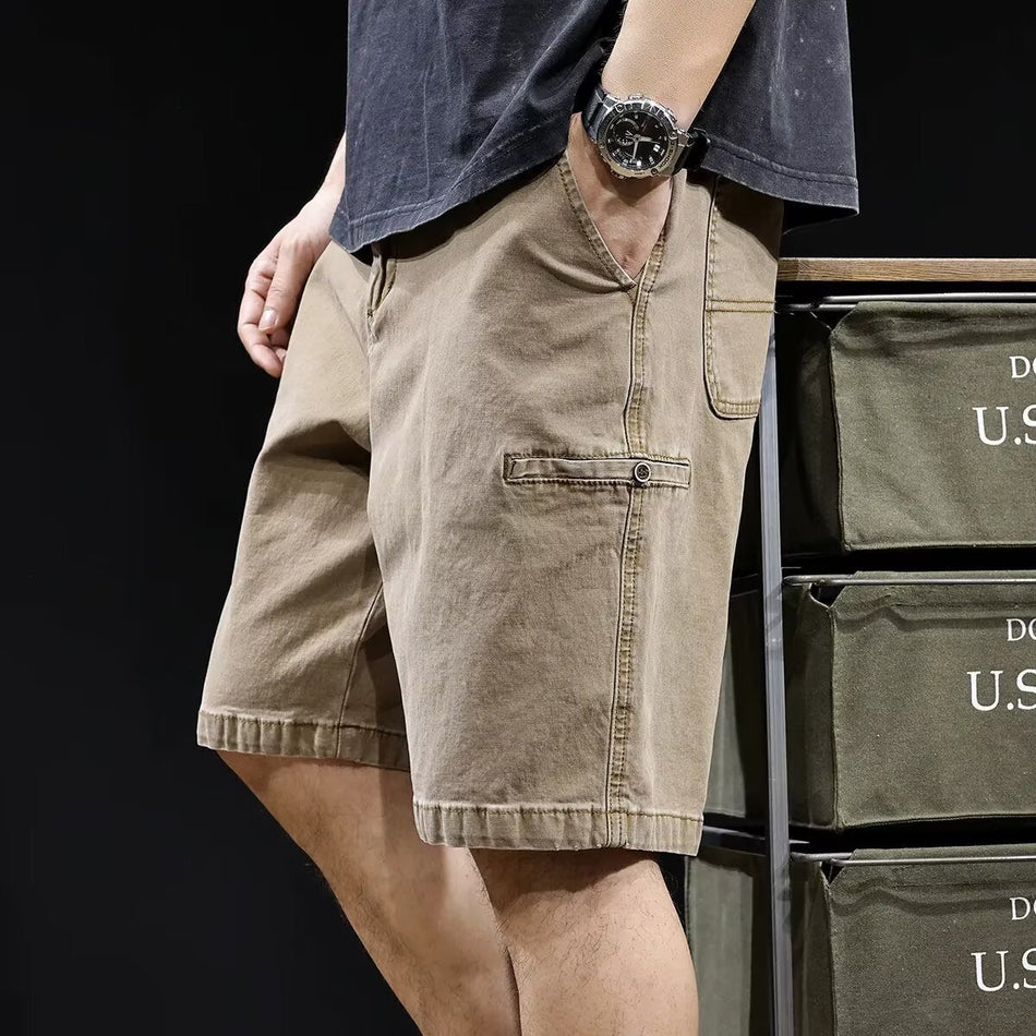 STOCK-Khaki Cargo Denim Knee-Length Shorts for Men