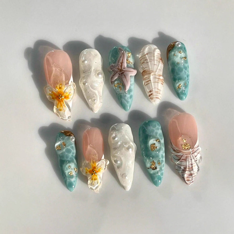 Ocean Shell & Starfish Almond Fake Nails (10pcs)