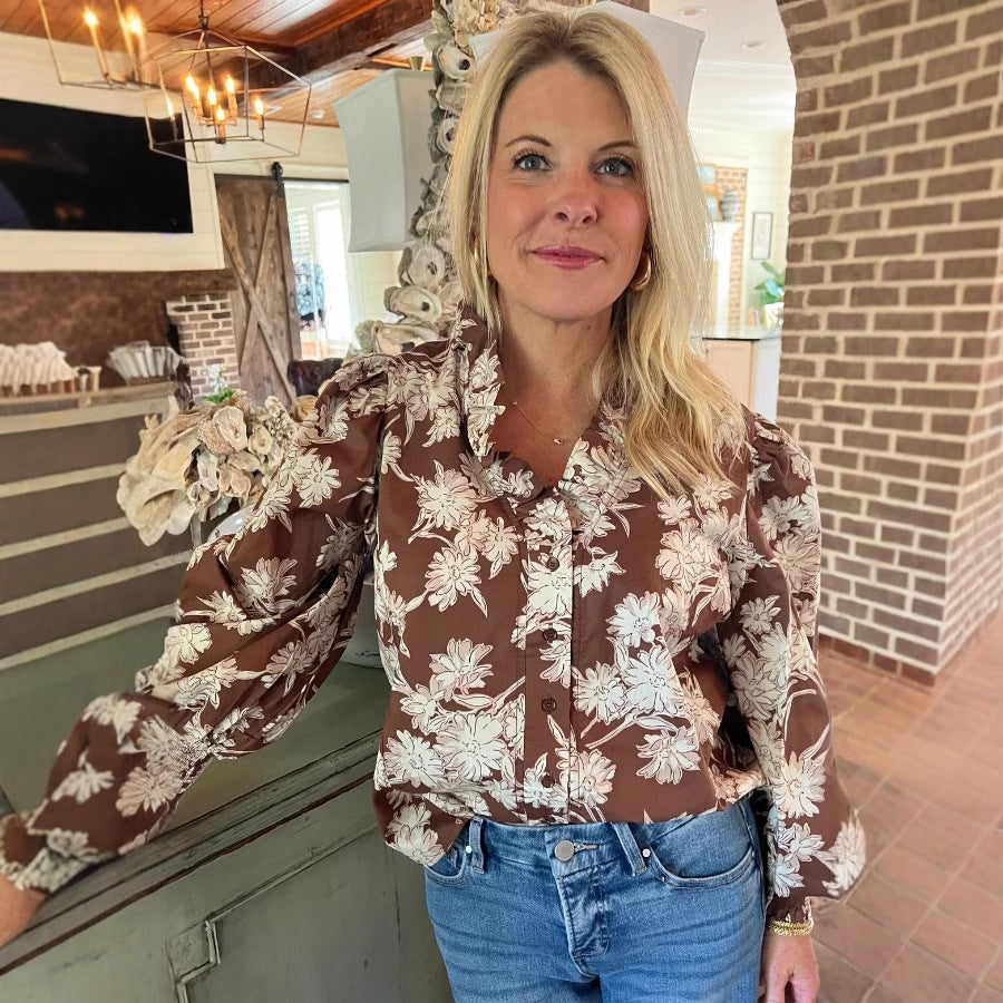 Autumn Winter Printed Lantern Sleeve Lapel Shirt 👚