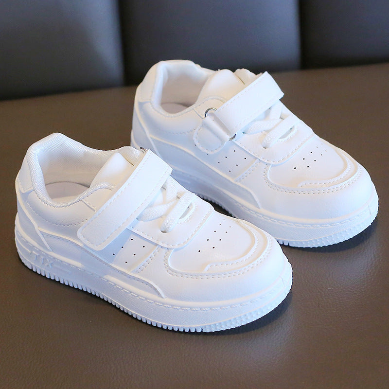 2025 Kids’ White Leather Soft Sole Sneakers
