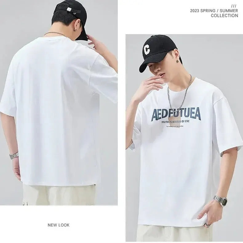 Men’s Pure Cotton Loose Short Sleeve T-Shirt Hong Kong Style